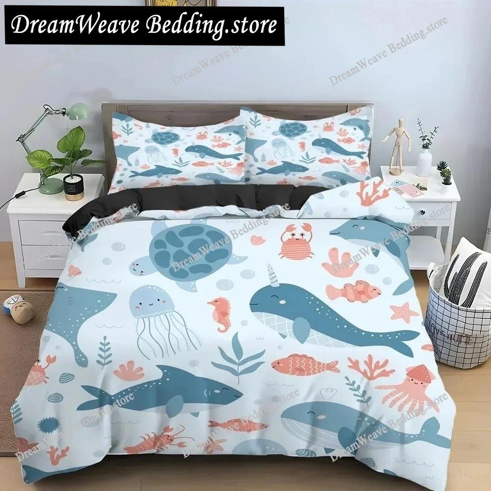Bule Dolphin Whale King Queen Duvet Cover Underwater World Bedding Set Cartoon Sea Animal Comforter Cover Polyester Quilt Cover