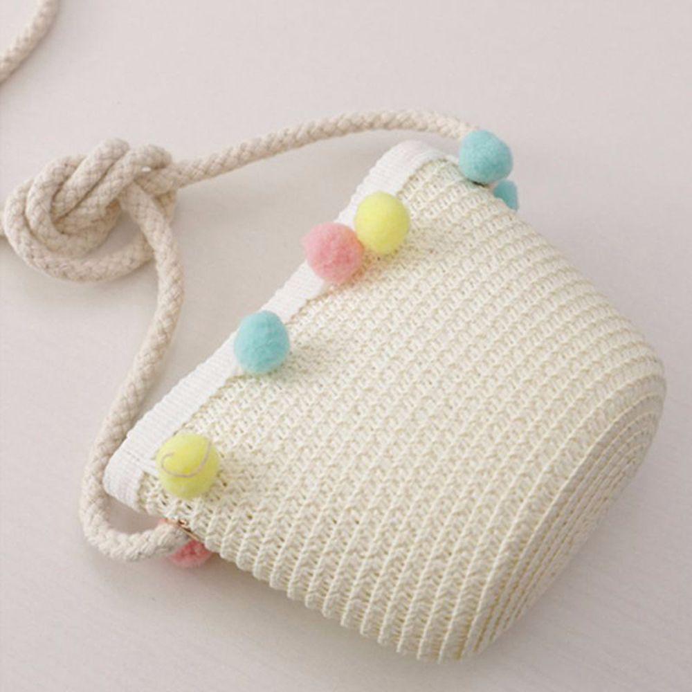 Kids Girls Pompom Ball Colorful Summer Hat Sun Protection Straw Woven Beach Hat Handbag Bucket Cap