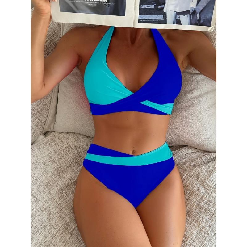 Women's Black and White Color Block Halter V-Neck Cross Front High Waisted Two-Piece Bikini Swimsuit