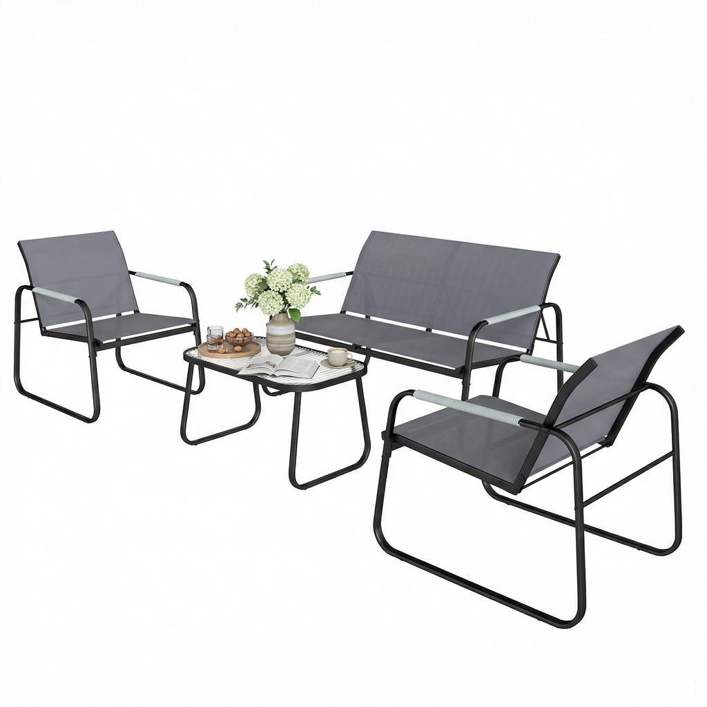 Garden Furniture Set, 4-Piece, Steel and Textilene, Braided Rope Armrests, Grey