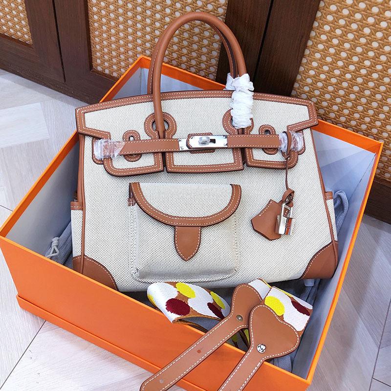 Canvas Leather Portable Pocket Contrasting Color Platinum Bag High Sense Fashion Versatile Single Shoulder Messenger Leather Women's Bag