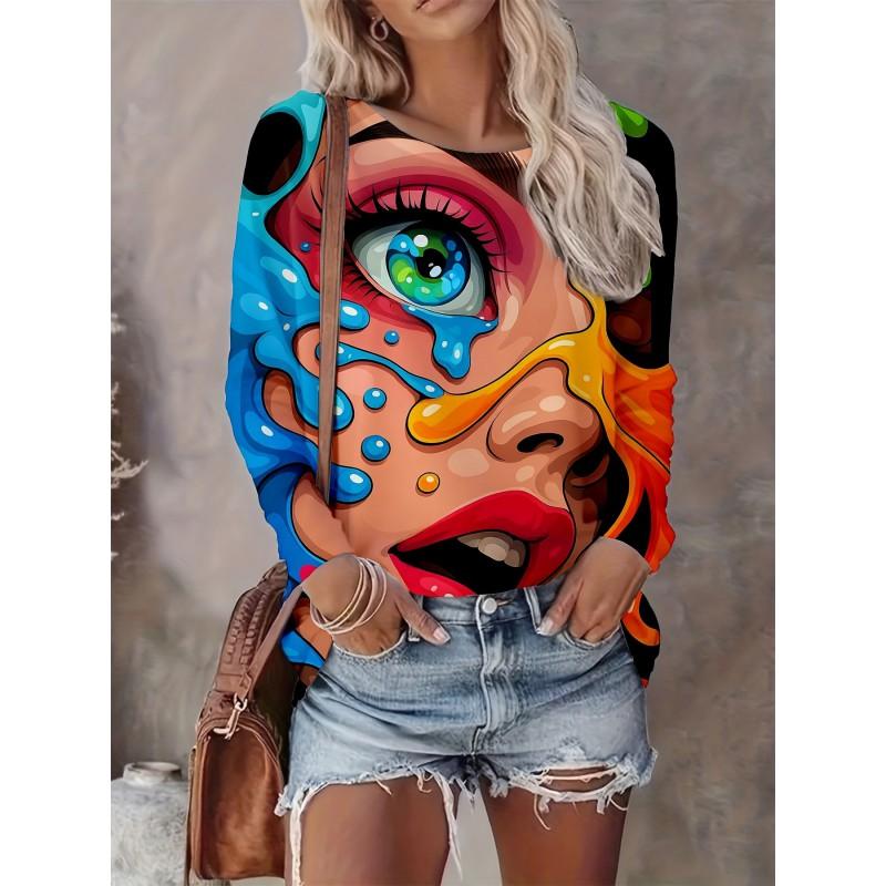 Womens Casual Abstract Print Long Sleeve Crew Neck T-Shirt 3D Effect 2025 Comfort Fit