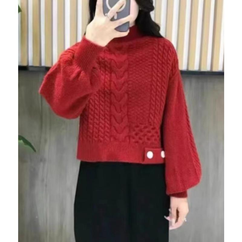 

High-texture semi-turtleneck sweater women s pullover, thick autumn and winter retro loose and thin long-sleeved knitted sweater One Size
