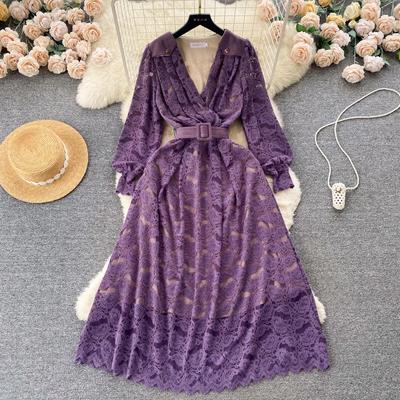 Nuove donne con scollo a V viola pizzo abiti da festa di Natale Abito vintage a maniche lunghe a metà polpaccio con cintura