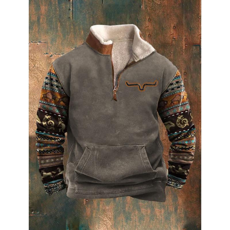 Spring And Autumn New Men'S Long Sleeve Half Zipper Printed Casual Fashion Trend Jacket