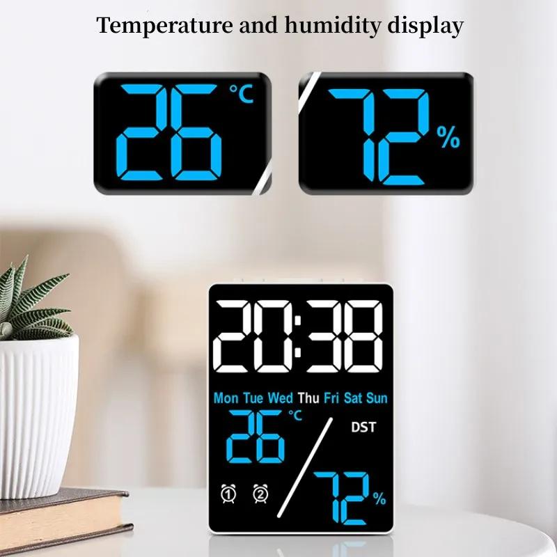 Digital Alarm Clock TEMP Humidity Date Week Disply 2 Alarm Snooze Electronic Table Clock 3-level Brightness 12/24H DST LED Clock