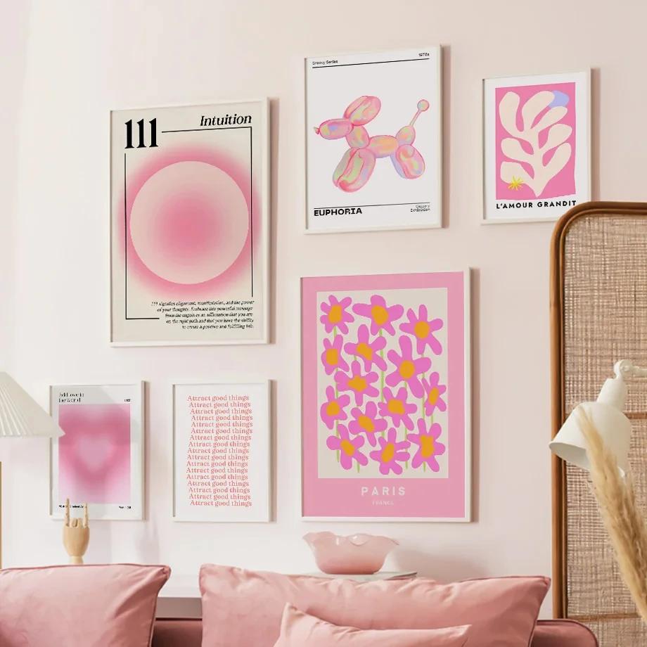 Pink Flower Letter Posters Canvas Painting Modern Love Heart Round Shape Pictures Prints Wall Art for Living Room Decor Unframed