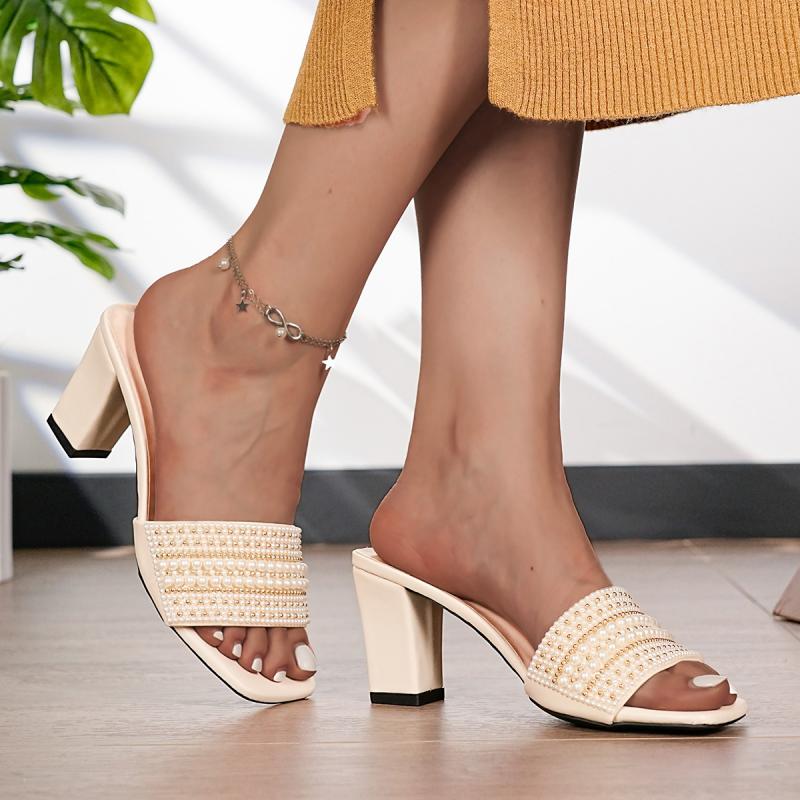 Fashion Elegant White Pearl Bead Decoration Strap Slip On Sandals Women 2025 Summer Square High Heels Slippers Fashion Wedding Shoes