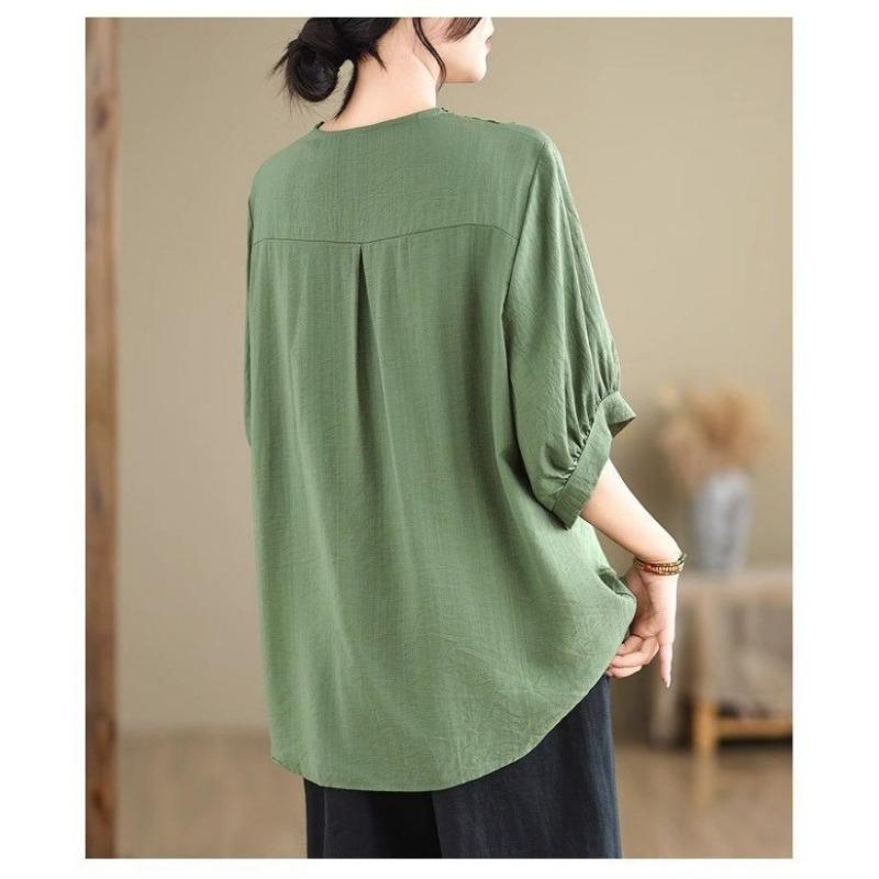 Women Scalloped V Neck Hollow Embroidery Puff Half Sleeve Loose Linen Blouse