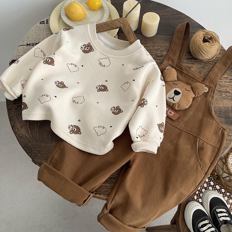 Spring Boys' Cartoon Overalls Set: Long-Sleeved, Two-Piece Infant & Toddler Outfit