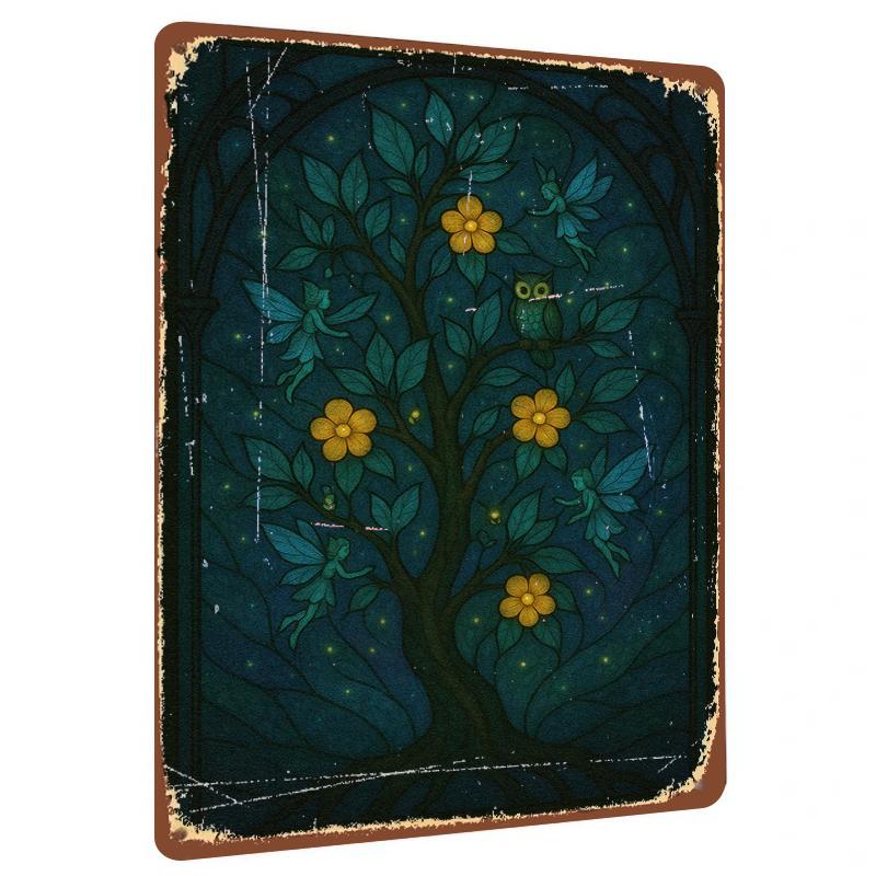 

Vintage Night Forest Fairy Tree Metal Wall Art Owl Firefly Decorative Painting for Living Room 20x30cm（7.8x11.8inch）