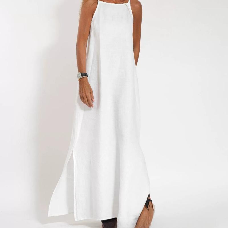 

Модное повседневное хлопковое льняное платье с разрезом на шее S белый