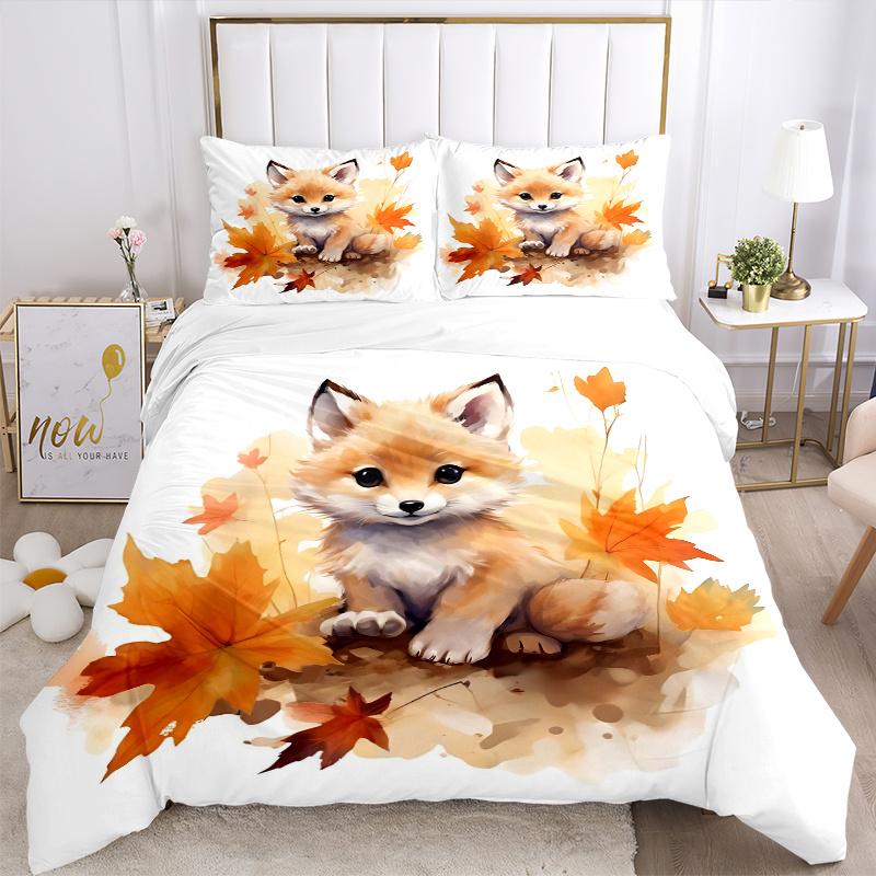 3pcs Small Animal Fox Cute Design Pattern Bedding Set, 1* Cover + 2*Pillowcases, Printed Bedding Set, Soft and Comfortable, Suitable for Bedroom