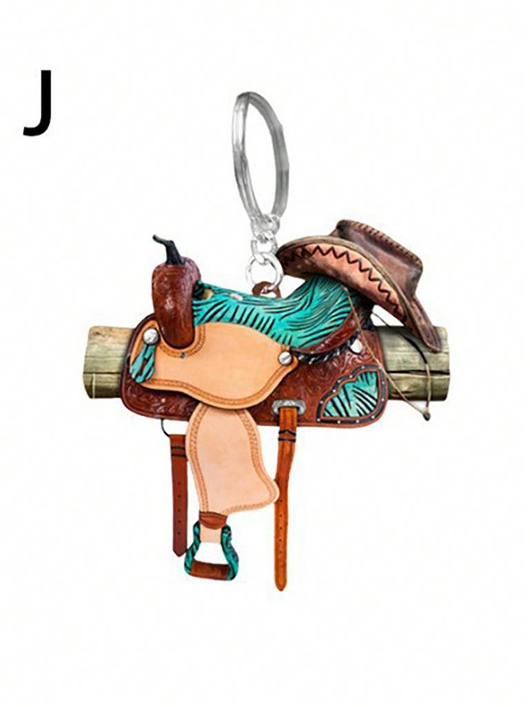 1 Pc Western Cowboy Saddle Acrylic 2D Keychain Pendant Personalized Decoration Universal Men's and Women's Flat Keychain
