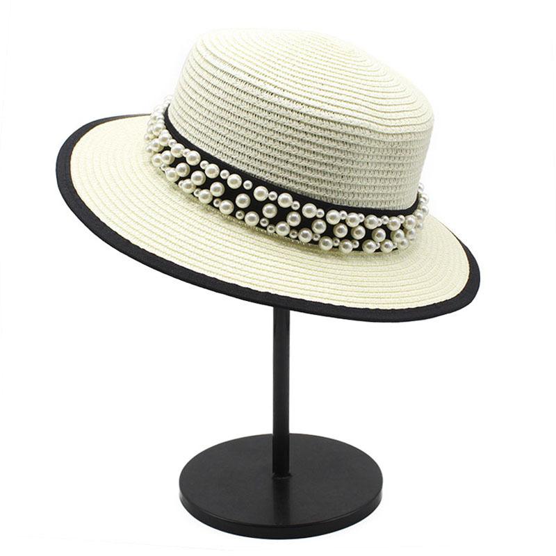 Summer Sunshade Sunscreen Big Brim Top Hat Women'S French Retro Pearl Chain Flat Top Hat Casual Versatile Straw Hat