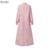 ZANZEA Women Casual Turn Down Collar Long Sleeve Loose Stripe Dress