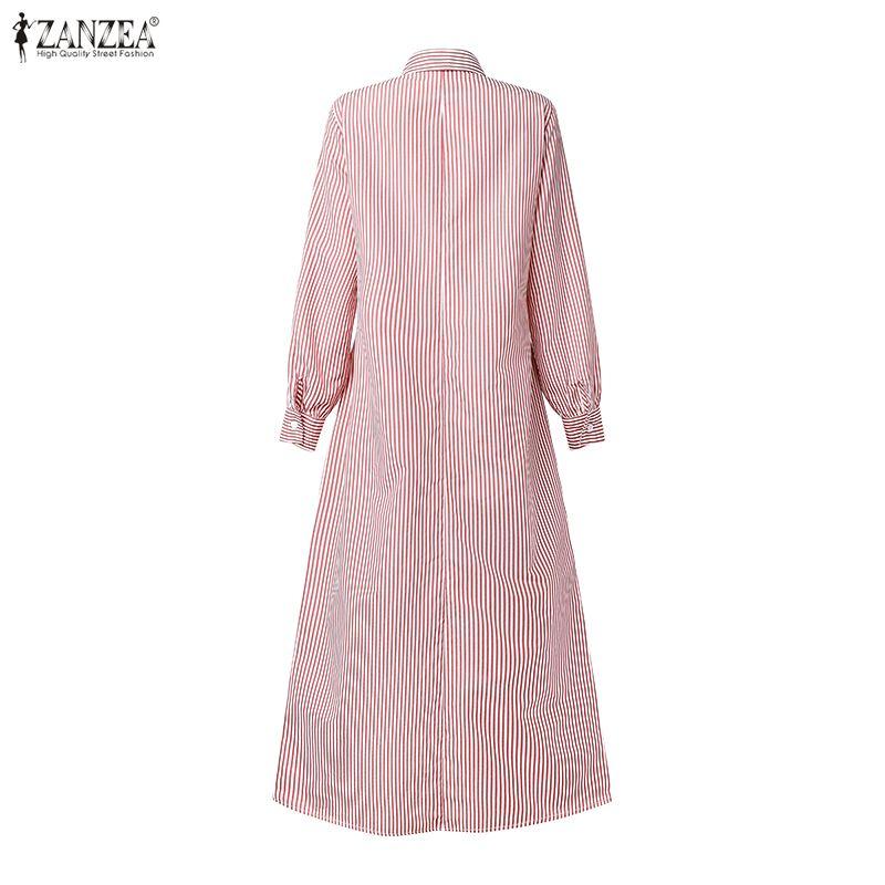 ZANZEA Women Casual Turn Down Collar Long Sleeve Loose Stripe Dress