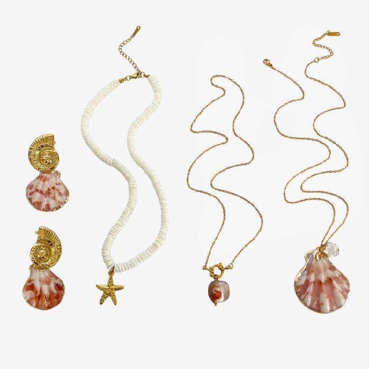 Summer Marine Style Matching Necklace Earrings Set With Seashells Pendant And Coral Accents For Women