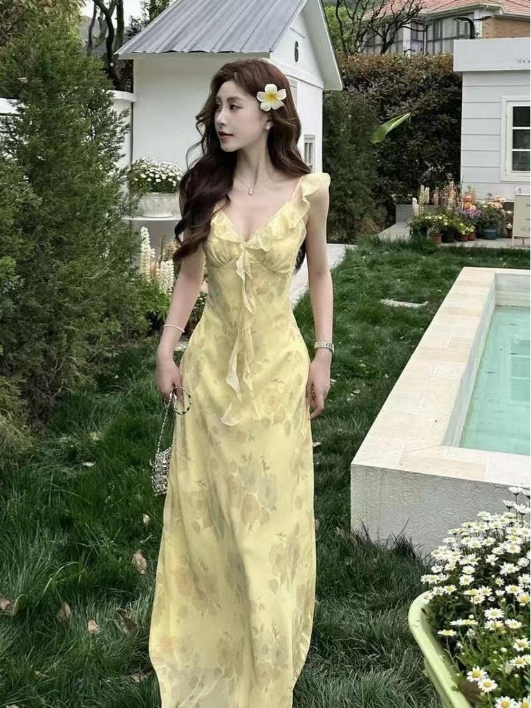 Yellow Floral French Style Slim Bodycon Tea Length Summer Dress