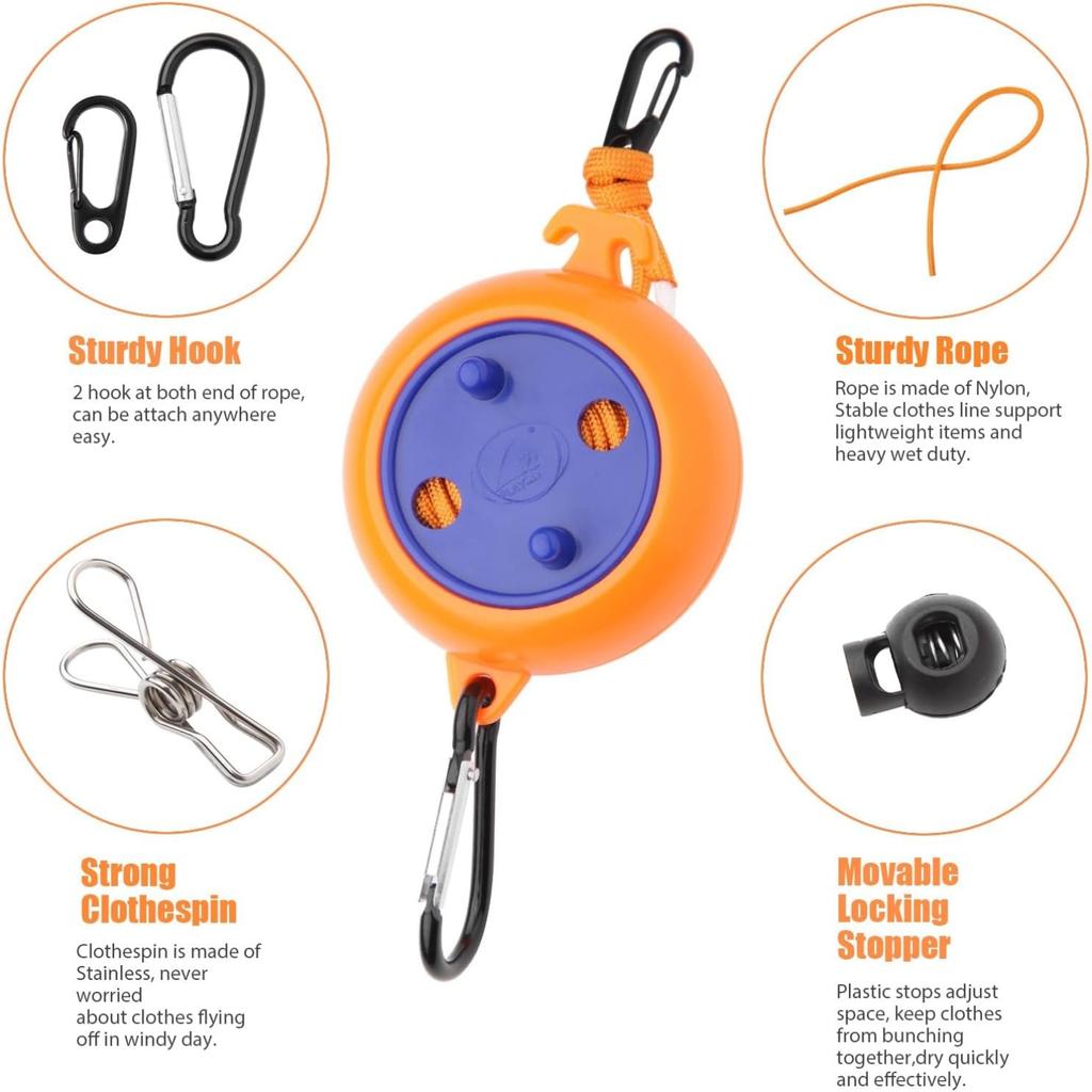 Retractable Travel Clothes Cord Adjustable 32ft/10M Camping Clothesline Laundry Drying Rope for Hotel Trip Outdoor Washing Lines