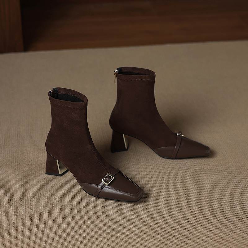 Krazing Pot Flock Cow Skin Square Toe Thick Heels Chelsea Boots Size 42 Beauty Lady Women Metal Buckle Ankle Boots