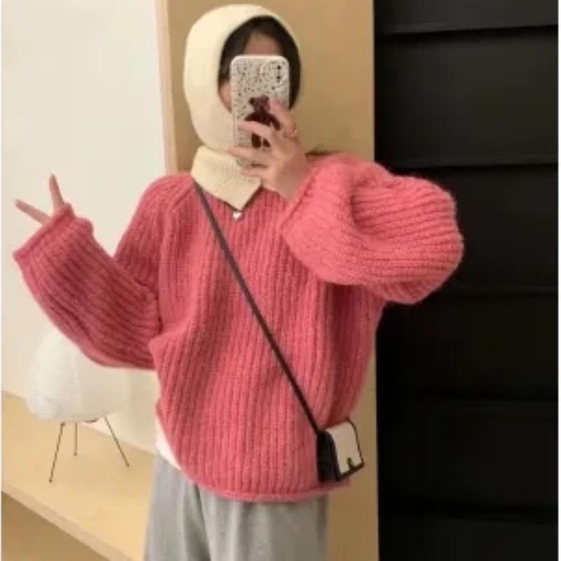 Podzimní a zimní silný ležérní teplý dámský pletený svetr s dlouhým rukávem a kulatým výstřihem dámský pulovr dámské pleteniny topy elegantní jednobarevné vintage svetry 24784