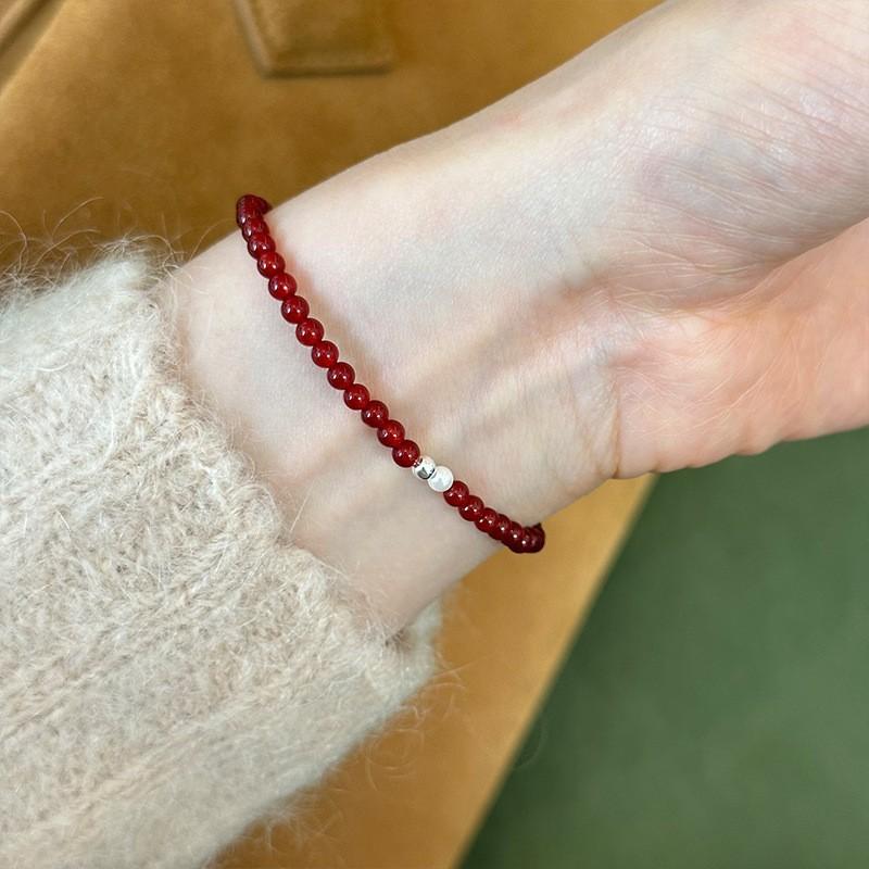 Sterling Red Agate Cat Eye Bead Bracelet Women Minimalist Fashion Stackable Wristband