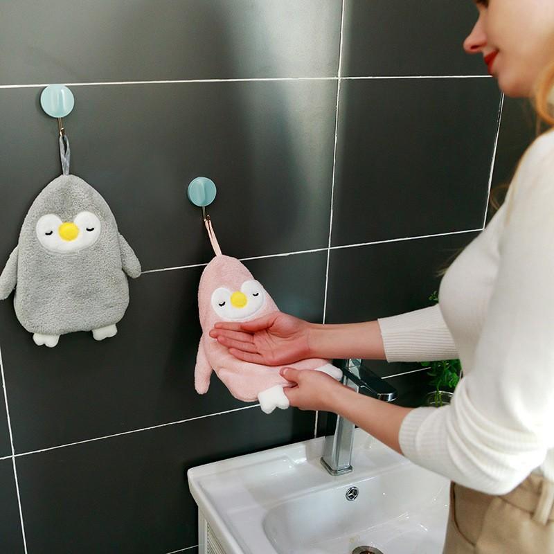 Cute Penguin Hanging Towel Coral Fleece Hand Drying Kitchen Bathroom Decorative Washable Microfiber