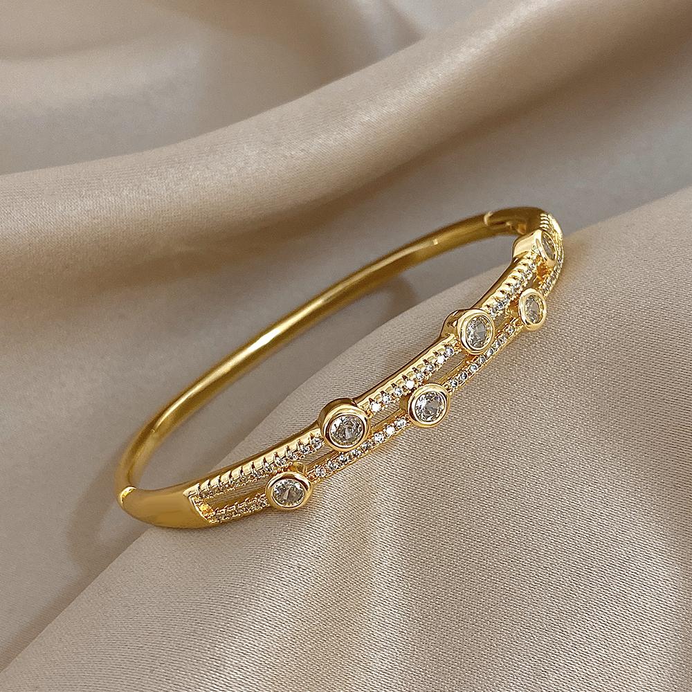 Bracciali Bangle Unici a Doppio Strato con Strass per Donna, Bracciale a Manica in Rame Placcato Oro alla Moda, Gioielli Regali