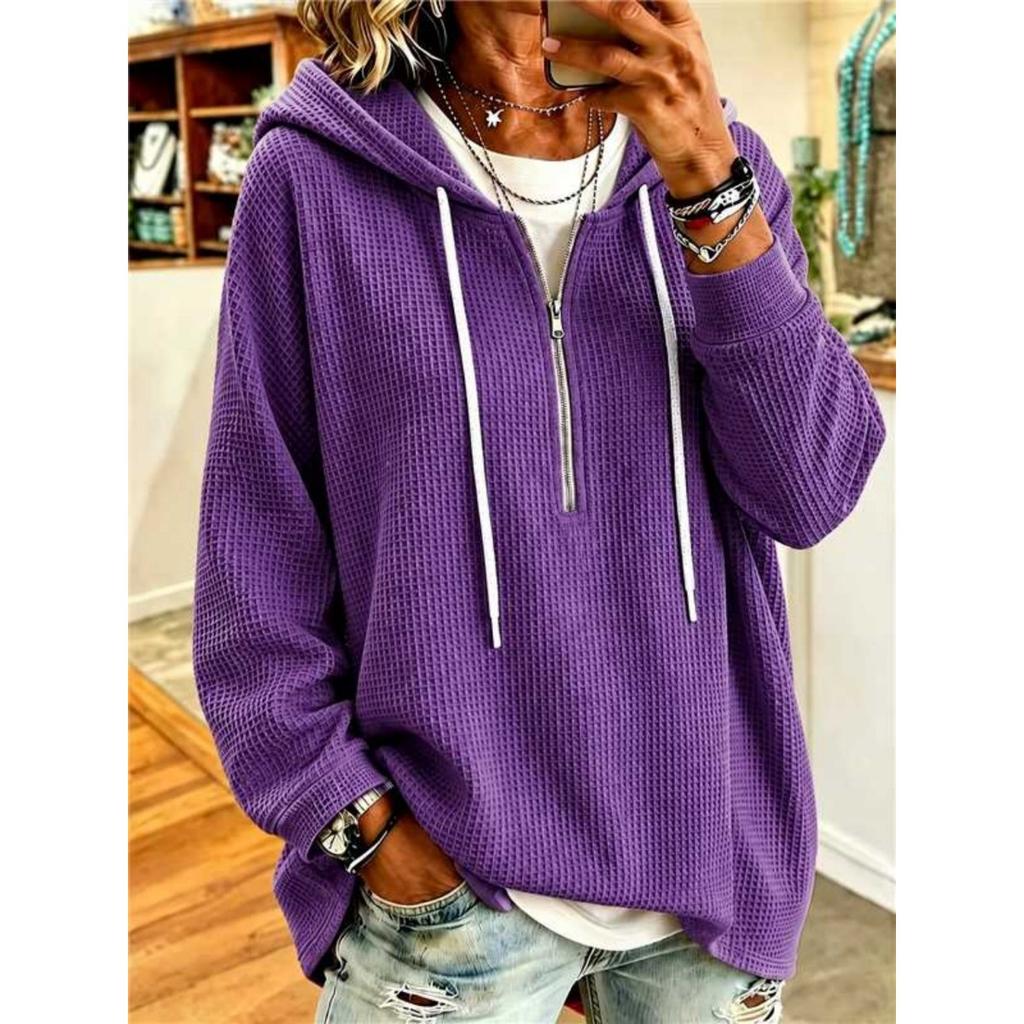 Women's Waffle Hoodie, Drawstring Zip-Up Loose Long Sleeve Sweatshirt Top, New Arrival, European American Style Cross-border Women's Clothing