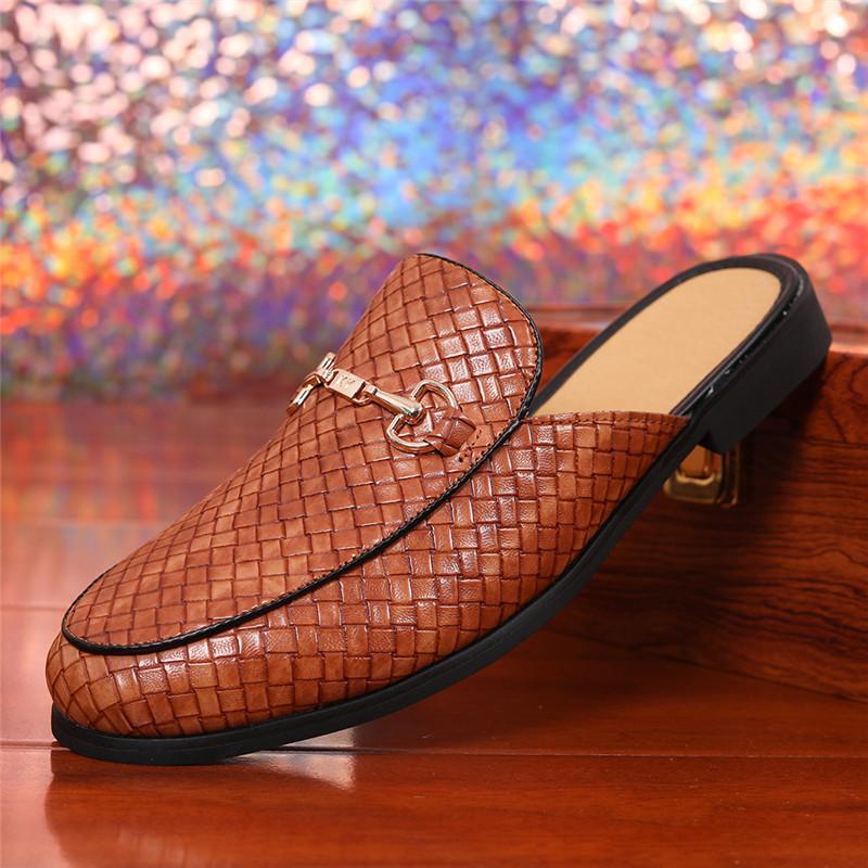 Fashion New Men Half Slippers Loafers Male Casual Woven Pattern Black Brown White Mules Moccasins Breathable Driving Shoes