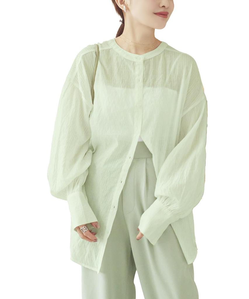 Kobe Lettuce Tanaka Volume Sleeve Sheer Shirt with Band Collar Free Light Green [Akiko Collaboration] Women's [C6967] Size, Long,