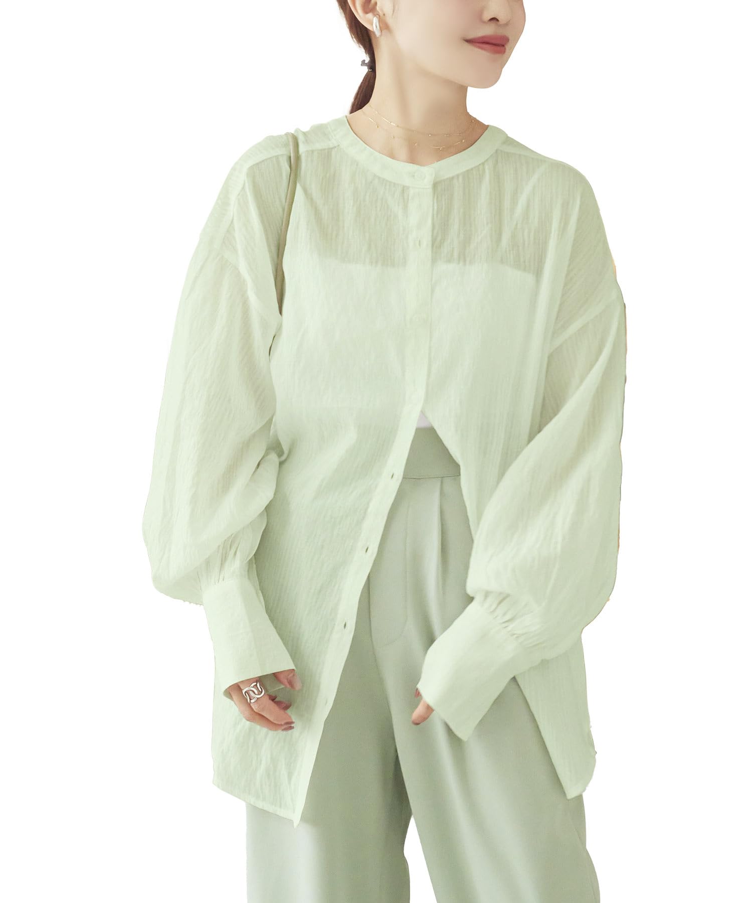 

Kobe Lettuce Tanaka Прозрачная рубашка с объемными рукавами и воротником-стойкой Свободный Светло-зеленый [Коллаборация с Akiko] Женская [C6967] Размер, Длинный,