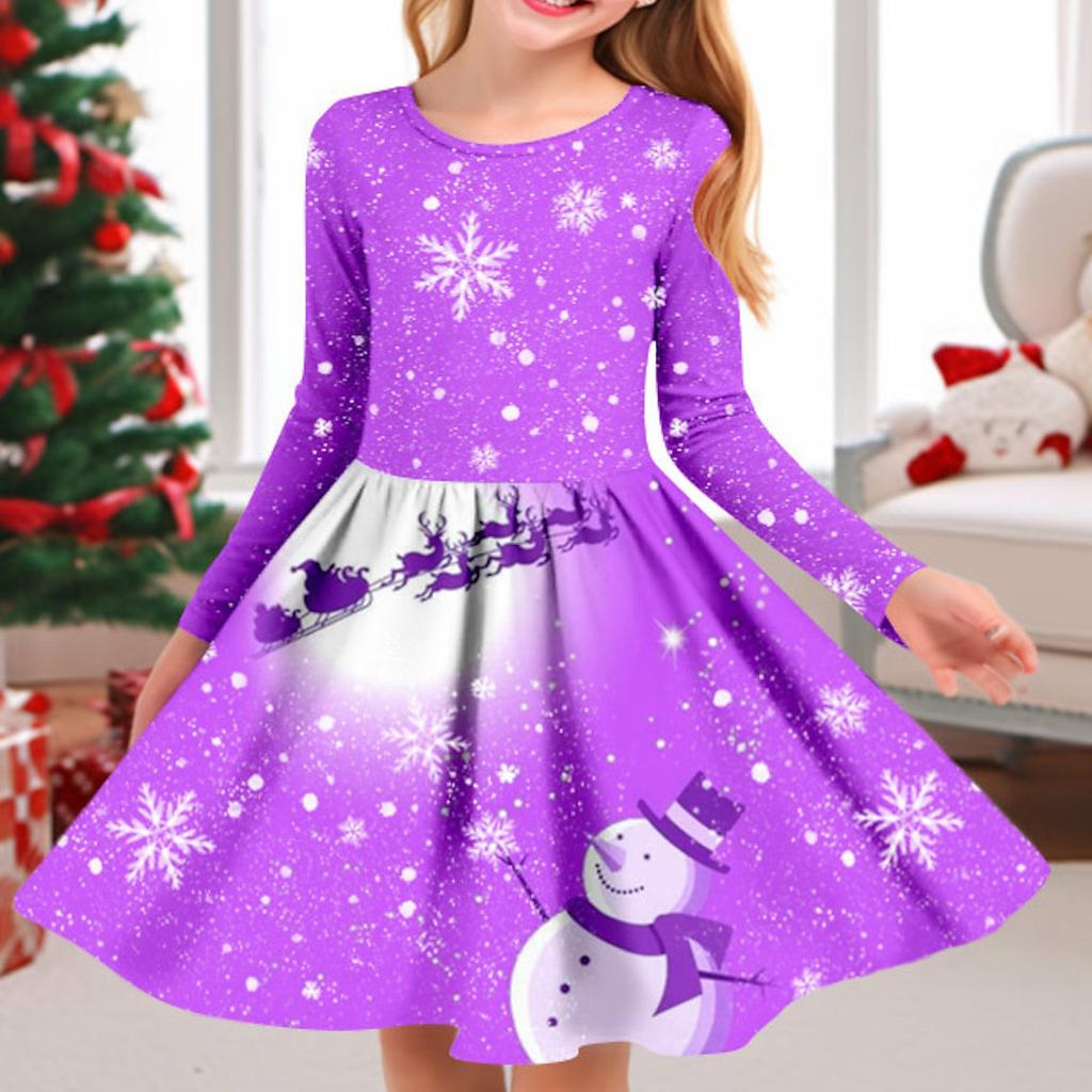 Frühling Mädchen Casual 3D Rosa Niedlichen Schneemann Print Rundhals Langarm Kleid Kind Prinzessin Kleid für Weihnachten