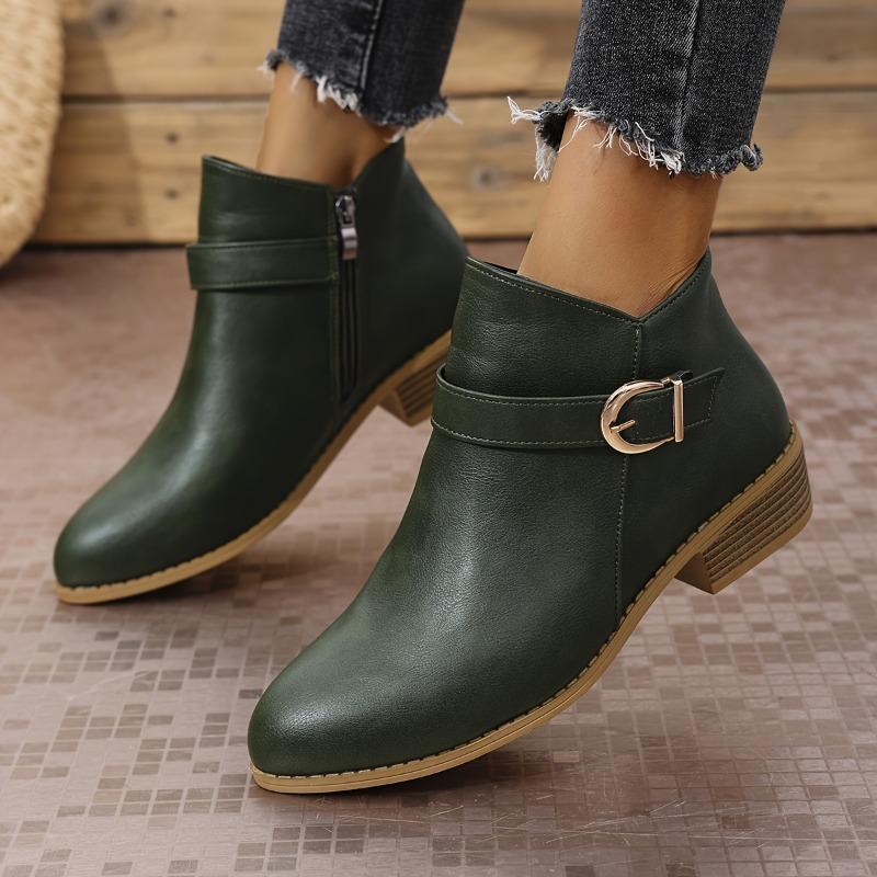 Women's Faux Cover Fanny-Finder Lace-like Zipper & Button Closure Low-Heel Mule Boots - Solid Brown Winter Boots with Arch, Round Toe & Rubber Sole