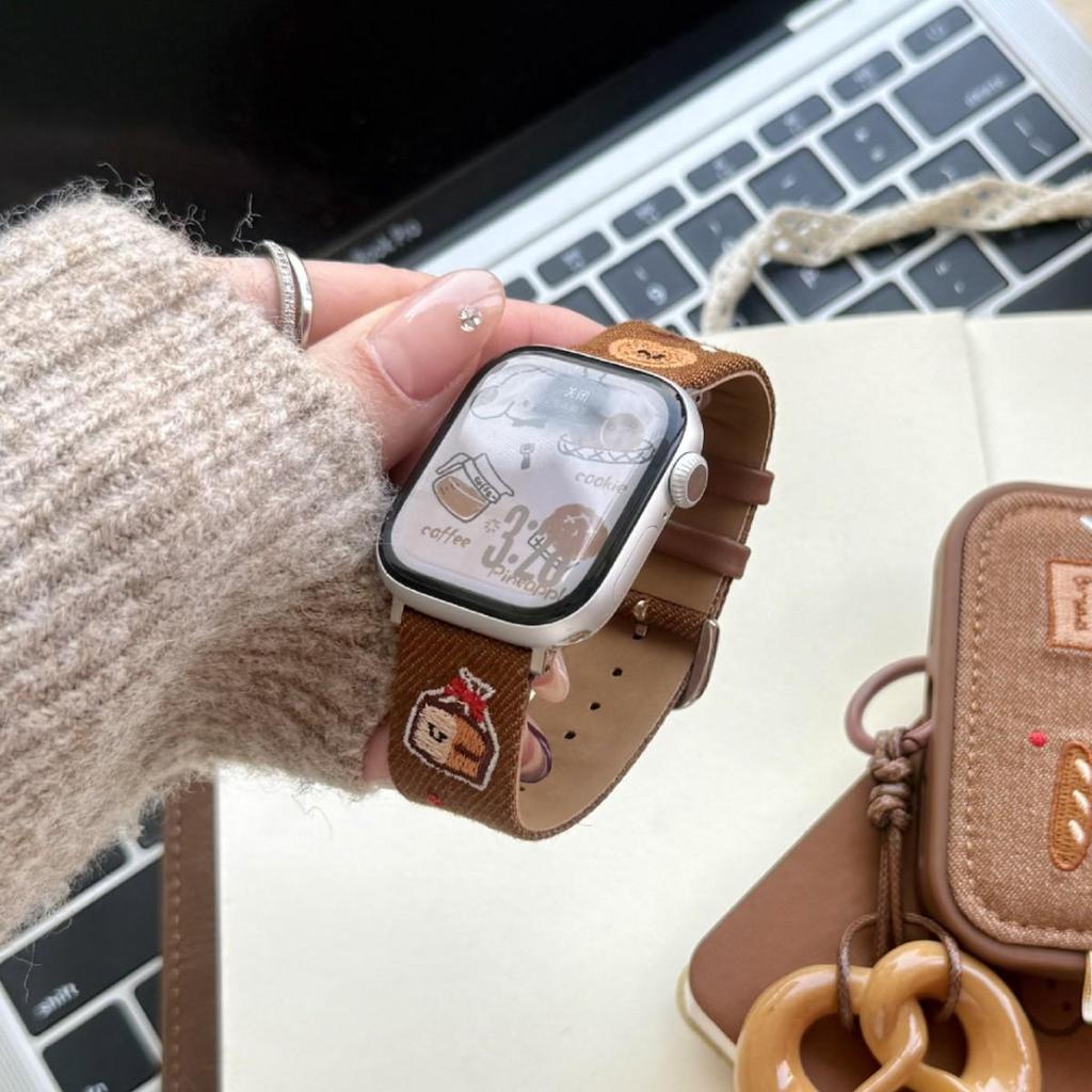 Cartoon Embroidered Denim Leather Watch Strap for Apple Watch Series 11/10/98 Ultra SE