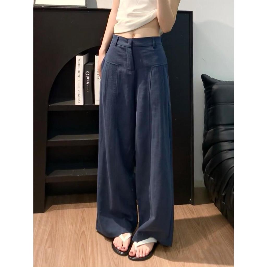 Petite XS Women’s Navy Blue Straight-Leg Wide-Leg Suit Pants, Old Money Style, Spring & Autumn, 145cm Length