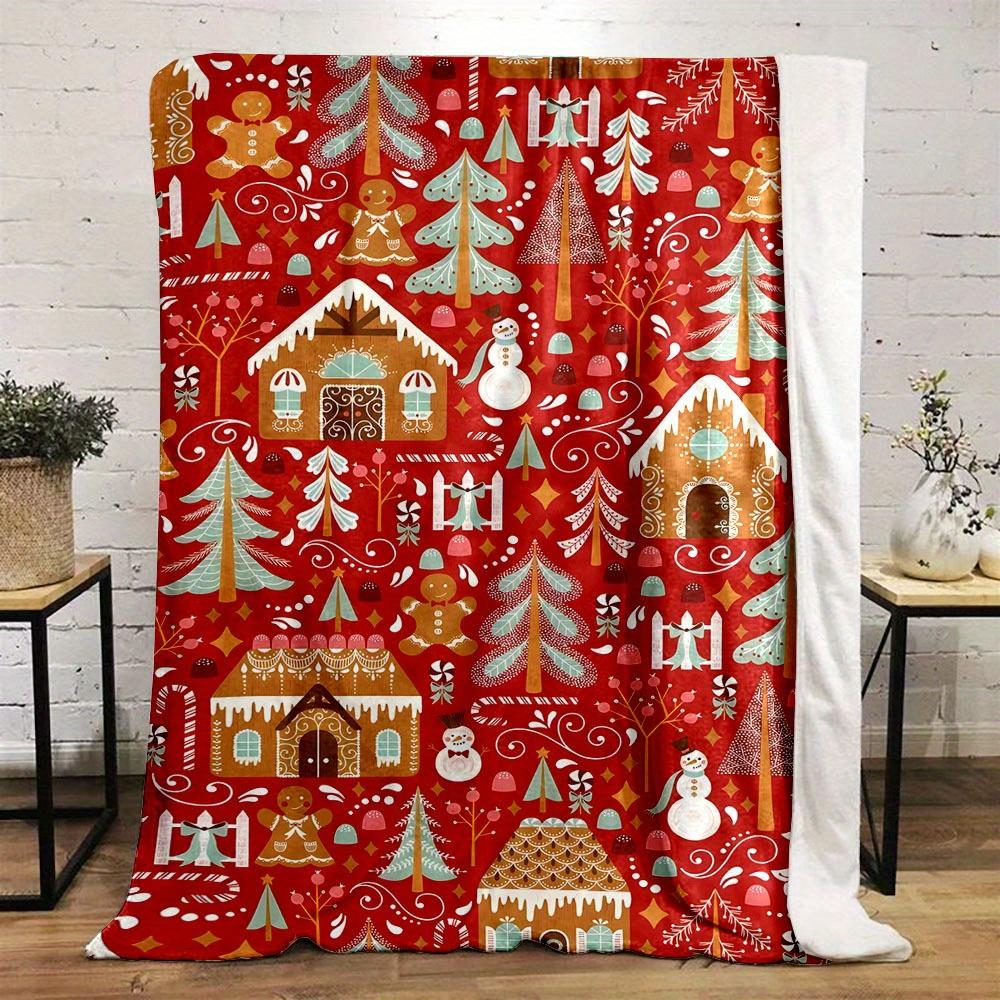 1pc Christmas Style Blanket Christmas Socks Snowman Christmas Tree And House Pattern Print Lunch Break Office Small Throw Blanke