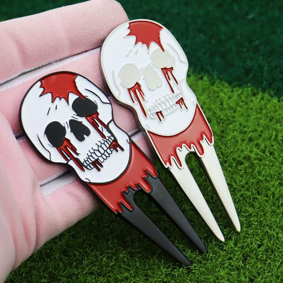 Skull Golf Divot Repair Tool Zinc Alloy Magnetic Ball Marker Holder Metal Green Fork Tool Golf Accessories Men Women Golfer Enthusiasts Gift
