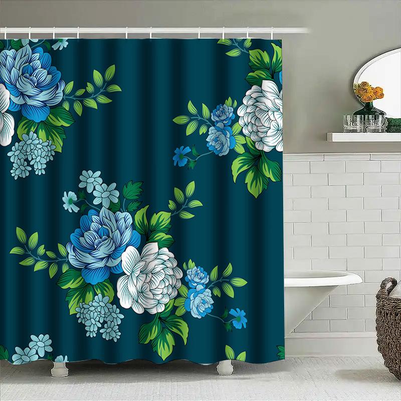 Modern Blue Green Shower Curtain Bathroom Decor Floral Print Waterproof Fabric Bath Room Decoration Custom Size Available -