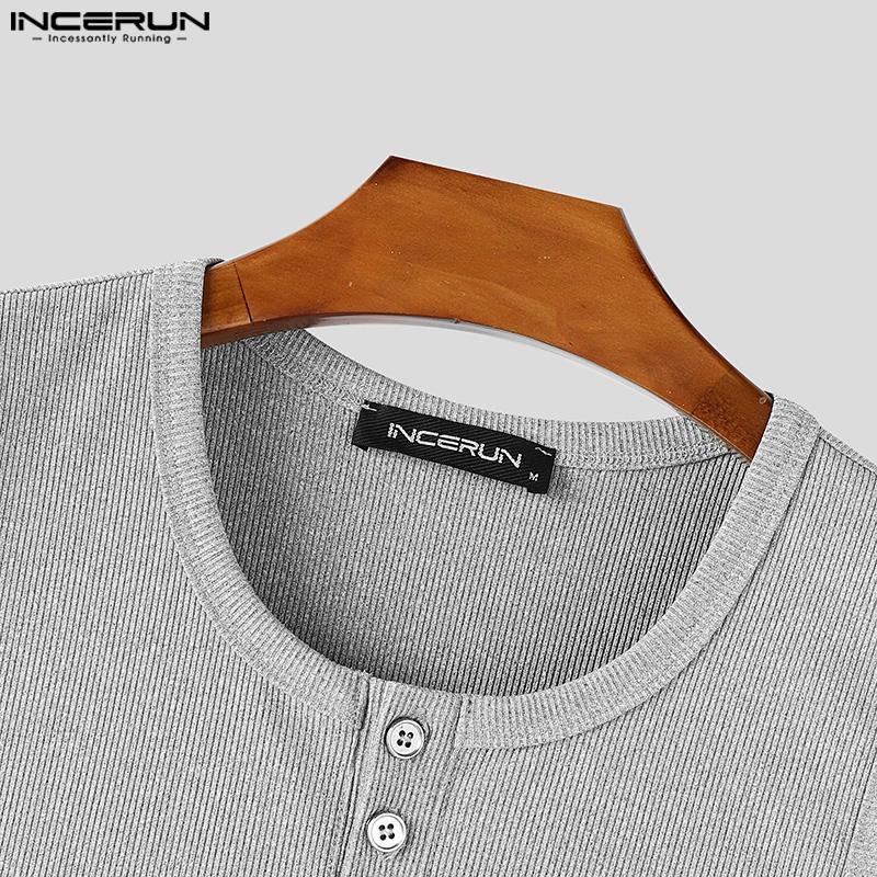 INCERUN Mens Summer Button O-neck Sleeveless Solid Color Casual Rib Tank Tops