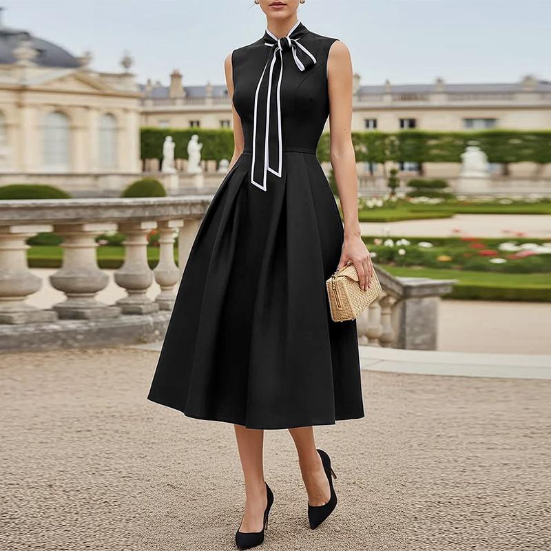ZANZEA Women Elegant Bows Round Neck Casual Sleeveless A-Line Dress 2XL чёрный