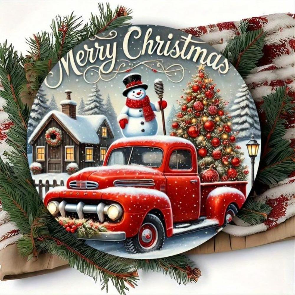 Vintage Metal Wall Art Snowman Red Truck Christmas Decor Round Sign Rustic Holiday Gift