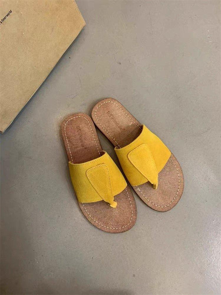 

Soft leather version~ retro one-word sandals women 2025 summer new Mori women fashion matte leather flat-bottomed flip-flops 35