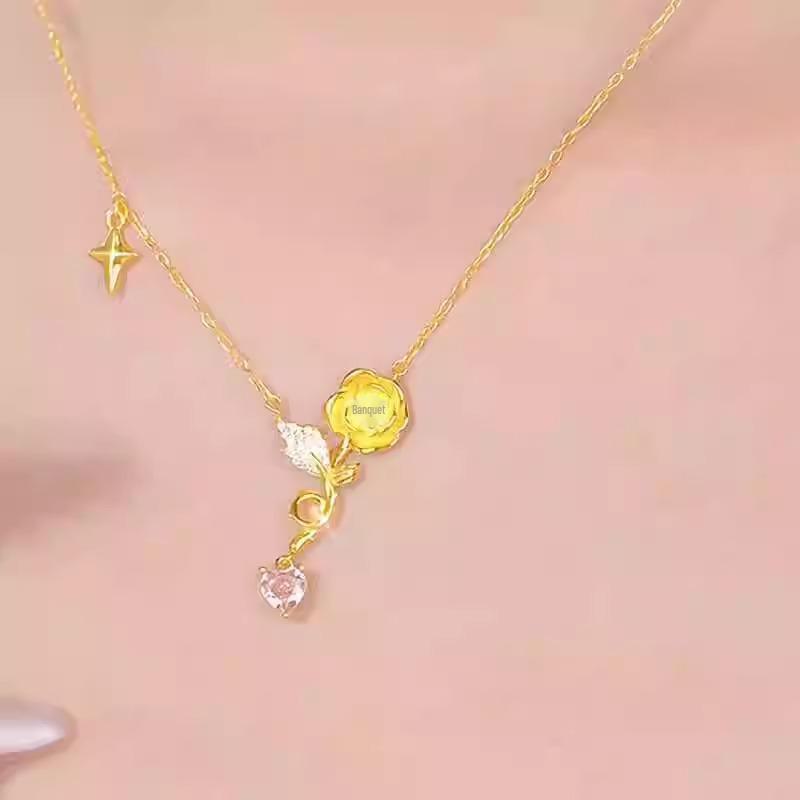 Elegant Rose Heart S925 Sterling Silver Zircon Necklace for Women - Luxury Clavicle Design