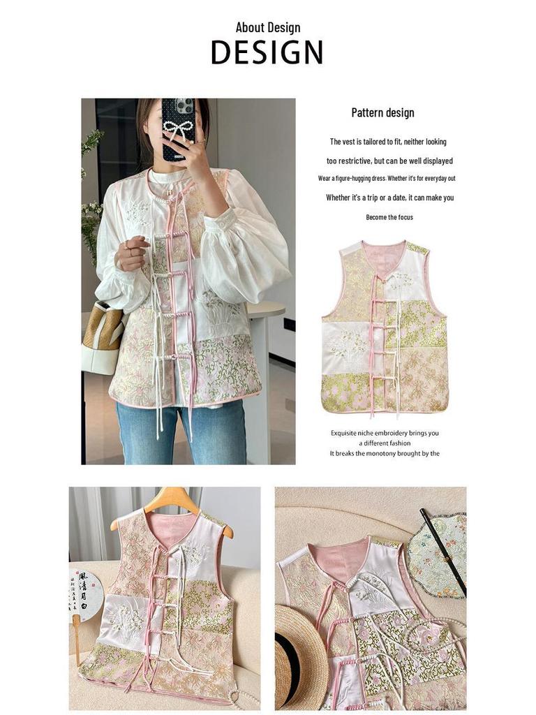 Damenweste im nationalen Stil aus Jacquard-Satin mit Froschverschluss und Freesienstickerei.