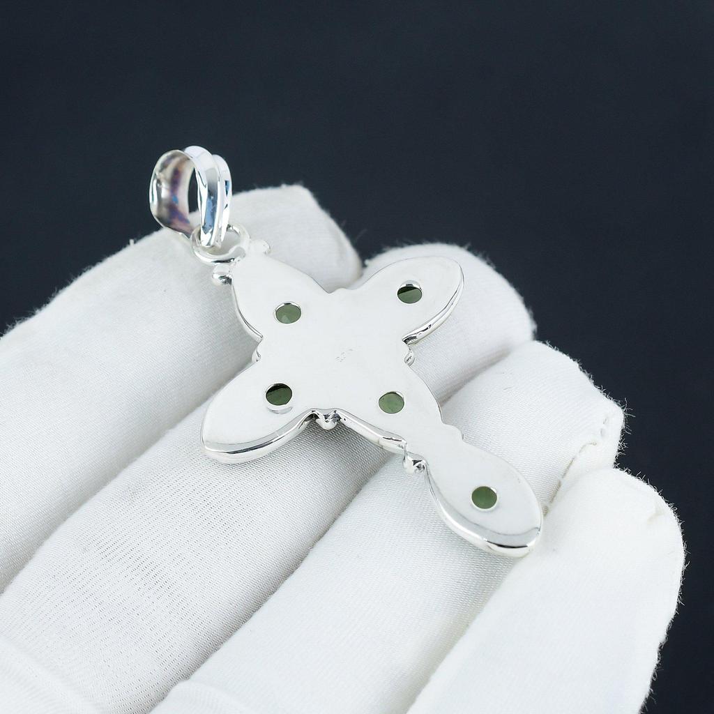 Natural Green Chalcedony Gemstone Silver Cross Pendant in 925 Sterling Silver- Handmade Design, Everyday Wear Jewelry, Unique Pendant Birthday Gift