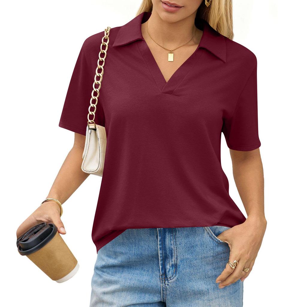 Women's Fashion Casual Lapel Short Sleeve Solid Color Shirt Women's Up Tops