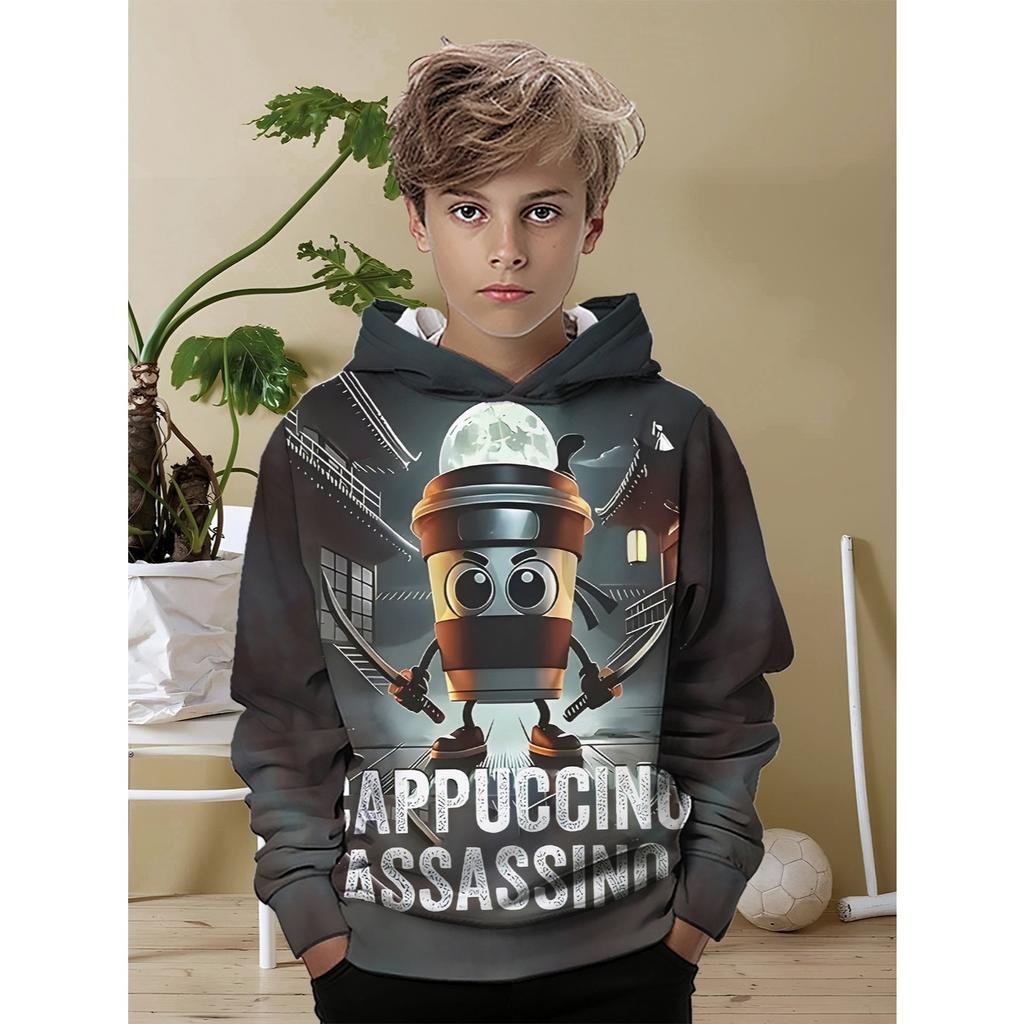 Boys' Fashion Hoodie - Cappuccino Ninja Coffee Cup Print, Oriental Mystery Atmosphere Digital Design, Long Sleeve Hoodie