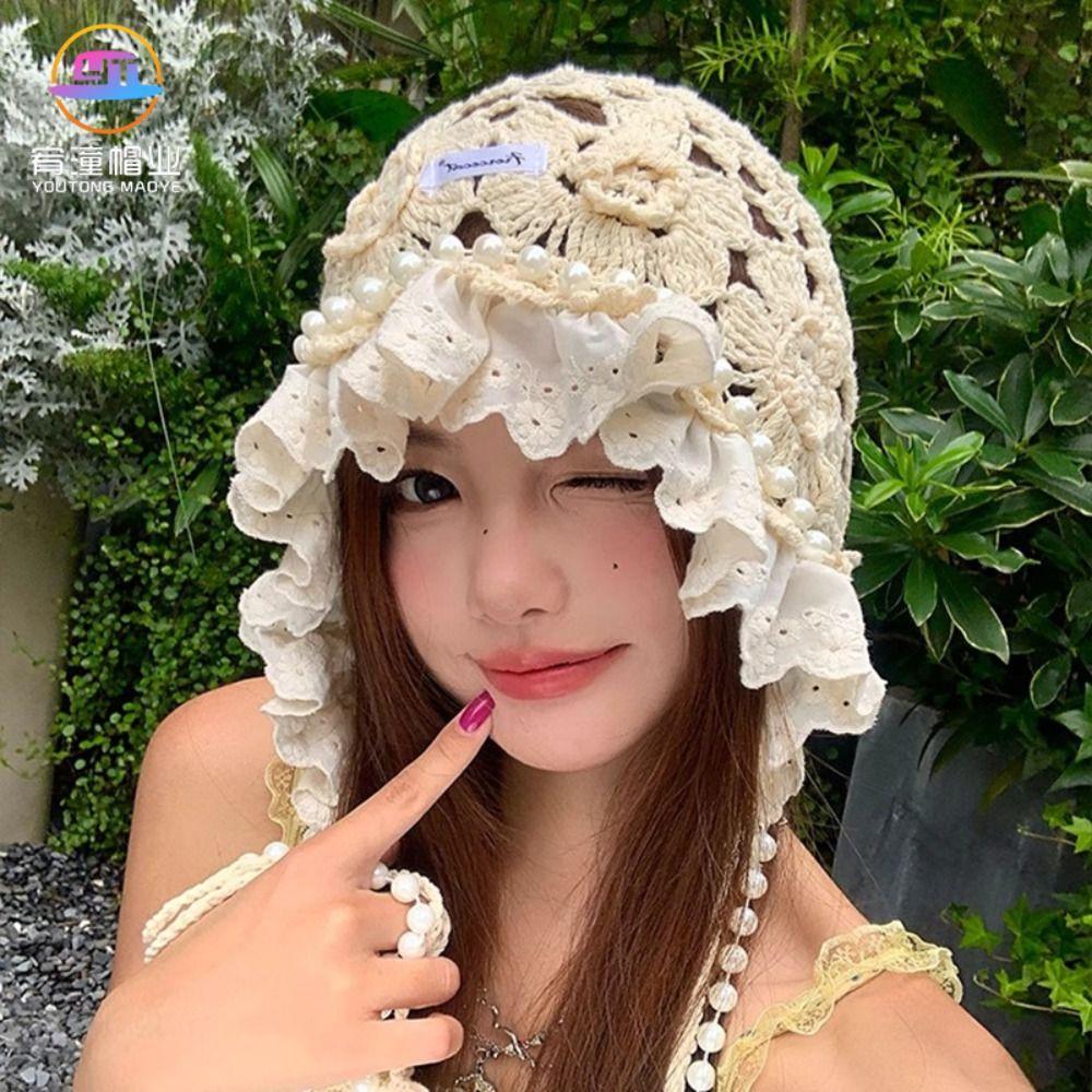 Pearl Tassels Lace Beanies Hollow Out Knit Cap Cute Crochet Flower Knitted Hat  Apparel Accessories